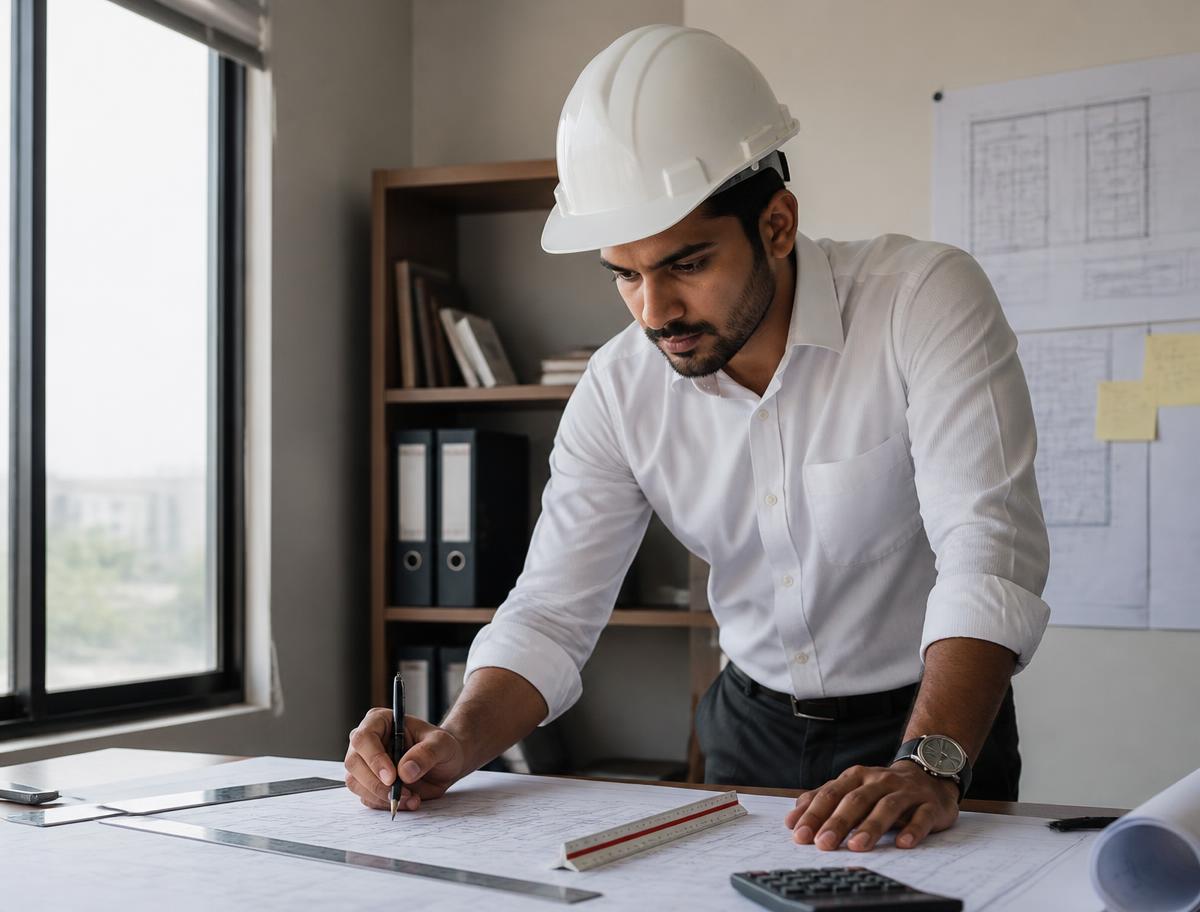 Civil engineer reviewing architectural plans at ASR Associates in Valasaravakkam
