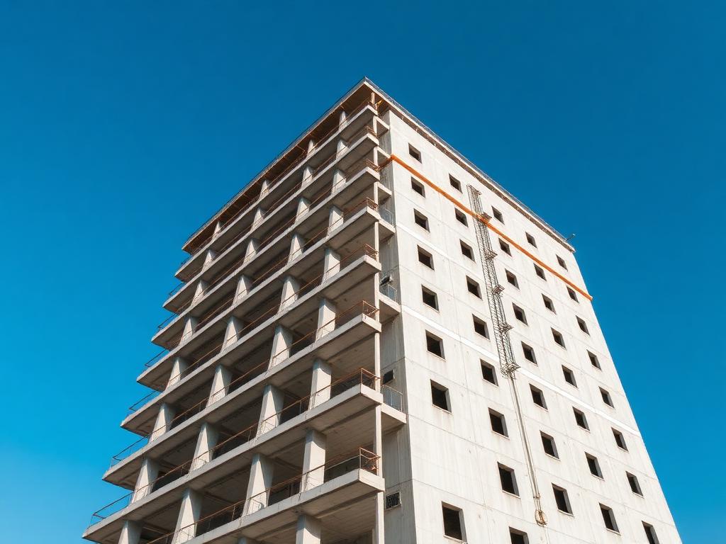 Multi-storey building under construction with concrete frame and slabs