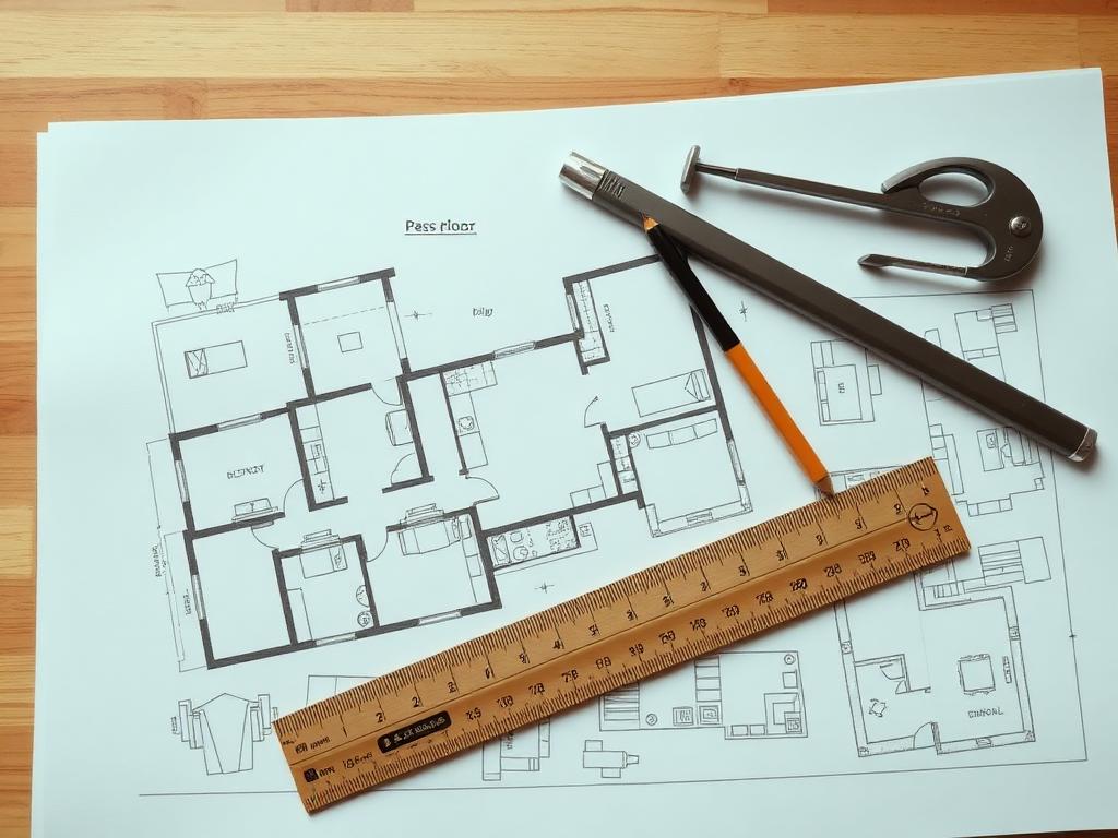 Architectural floor plan drawings with scale ruler and drafting tools