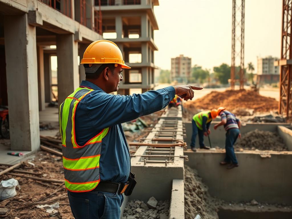 Site engineer supervising workers during a concrete pour at a construction site