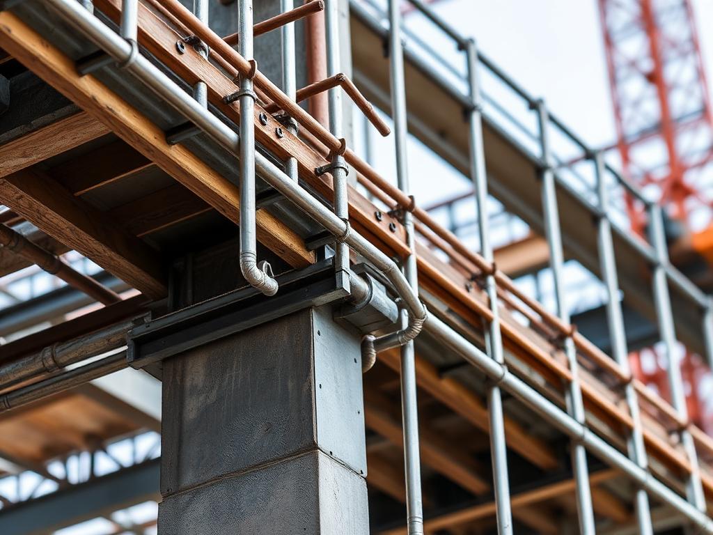 Steel reinforcement bars and column framework at a construction site