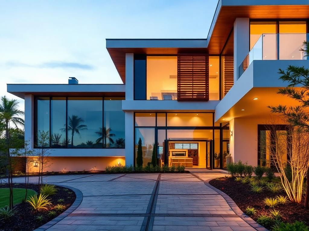 Contemporary villa exterior with glass windows and landscaped driveway